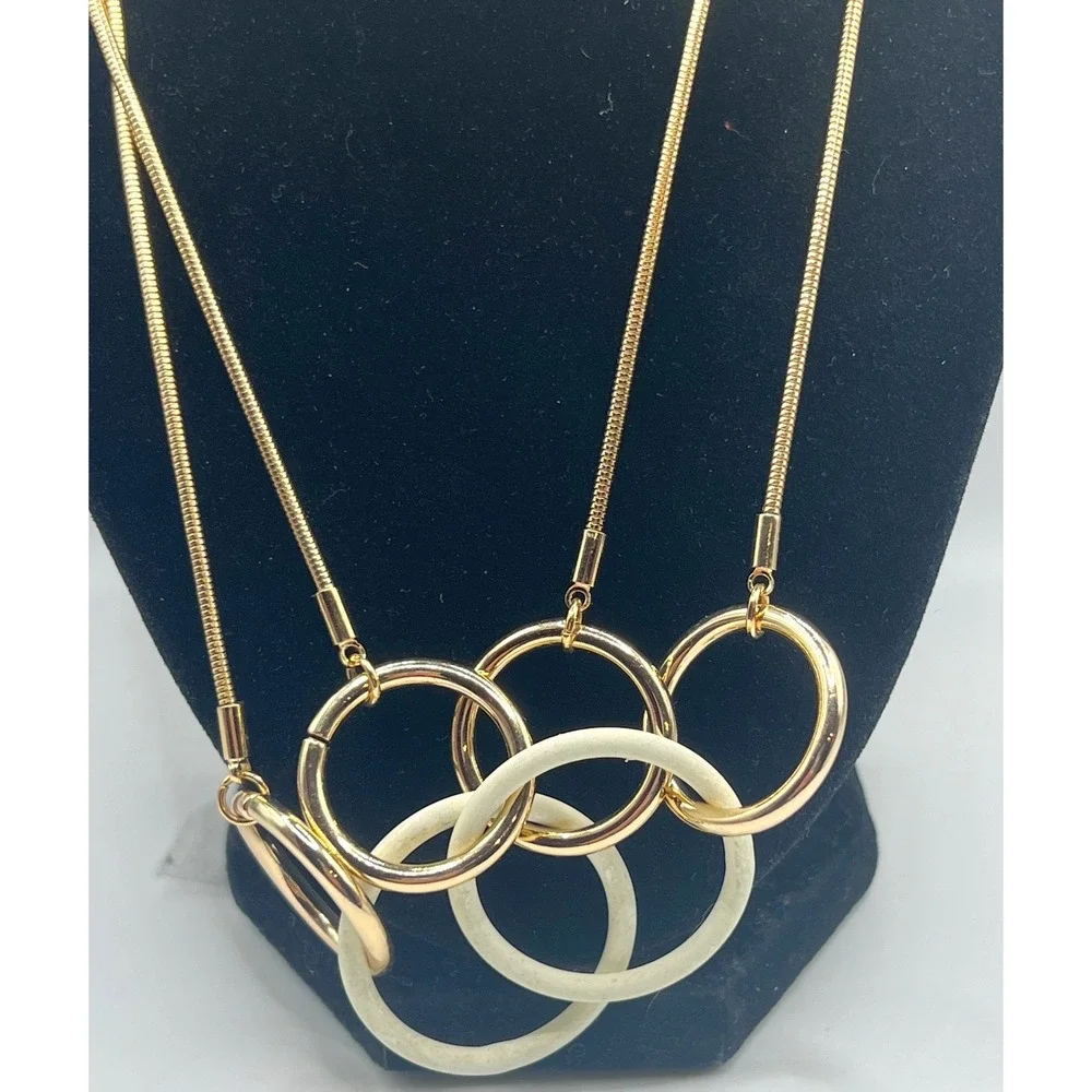 Alfani Gold Tone Long Necklace White Resin Rings 40
